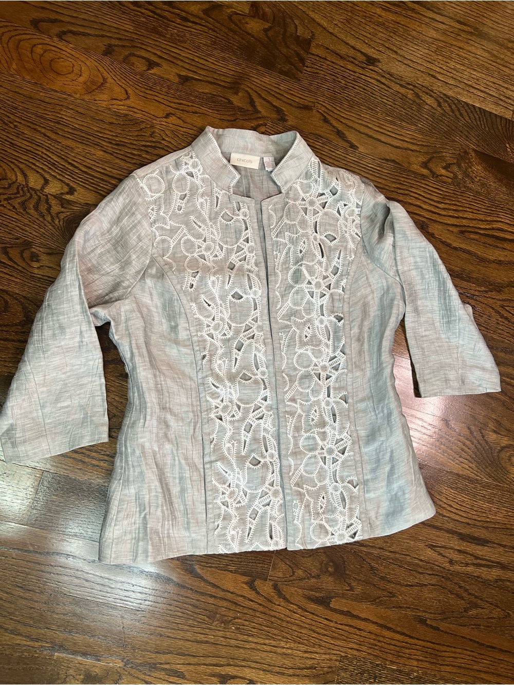 Chico's Silver-Gray Lace Front Open Jacket - Picture 9 of 14